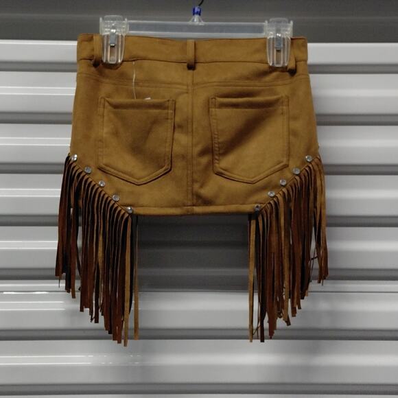Womens Fringe Skirt Size Small Brown Faux Suede Coastal Cowgirl Western Mini Y2K - Picture 3 of 9